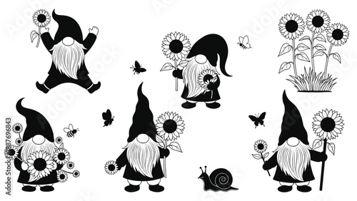 Black silhouettes of garden gnomes holding sunflowers and interacting with bees butterflies and a small snail on white.