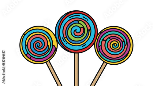 Trio of large colorful lollipops with vibrant spiral patterns of blue red yellow and pink on tall wooden sticks.