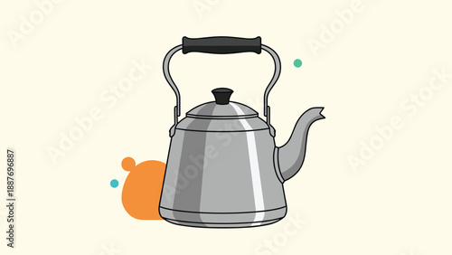 Traditional silver metal tea kettle with a black handle and spout standing against a simple cream colored background.