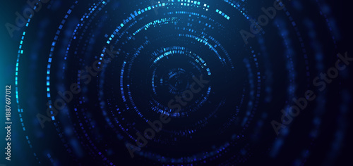 Digital technology background with blue square lines circle lighting effect on dark background.