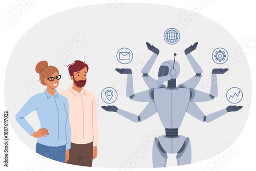 Synergy between multitasking robot and successful business people using modern technologies to increase productivity. Multi-armed ai robot quickly completes assigned tasks and corporate KPI