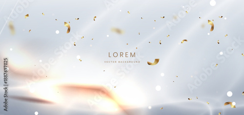 Abstract luxury white background with gold lighting and confetti effect sparkle.