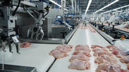 Wallpaper Mural Industrial poultry line with robotic arms processing raw chicken on a conveyor in factory. Fast pace Torontodigital.ca