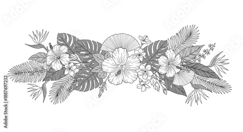 Horizontal border of tropical hibiscus flowers and monstera leaves in a detailed black and white etching style.