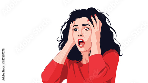 Stressed young woman in a red shirt holding her head in frustration or despair with a look of shock on her face.