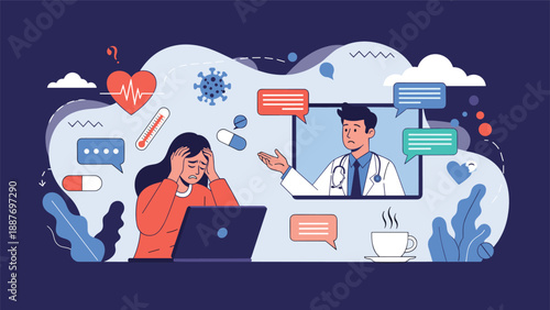 Online medical consultation concept showing a woman speaking to a doctor on a laptop screen about her health issues.