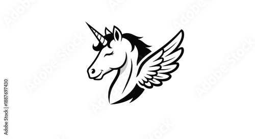 Minimalist silhouette of a winged unicorn head with a spiral horn and flowing mane in a black and white graphic style.