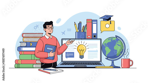 Male student or teacher gesturing toward a laptop screen featuring an idea bulb surrounded by books and a globe.