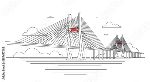 Modern cable stayed bridge design shown in a clean black line art sketch with clouds and a bird in the background.