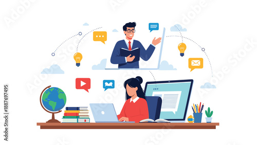 E-learning concept with a teacher appearing on a laptop screen while a female student studies at her desk with books.