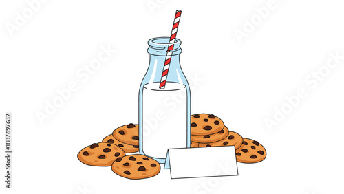 Glass bottle of fresh milk with a red striped straw served with a pile of delicious chocolate chip cookies on a white surface.