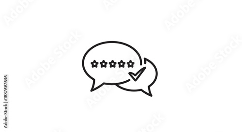 Customer feedback icon: Five star rating and checkmark in speech bubbles