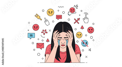Young woman feeling overwhelmed and crying due to cyberbullying and negative social media comments around her.