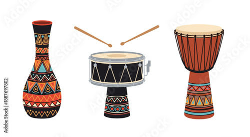 Set of three traditional tribal drums including a djembe and a patterned vase drum with wooden drumsticks on a white background.
