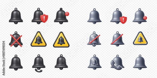 Set of 3D bell icons for notifications, alerts, and reminders in various states, isolated on transparent background.