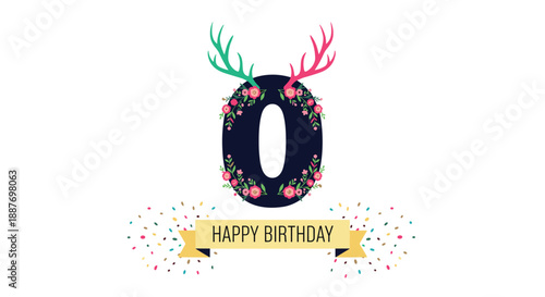 Decorative birthday celebration graphic featuring the number zero adorned with deer antlers and colorful floral wreaths.