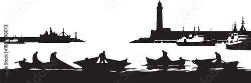 Silhouettes of fishermen working with nets in boats, hauling catch, and a lighthouse overlooking a harbor with ships and a pier.