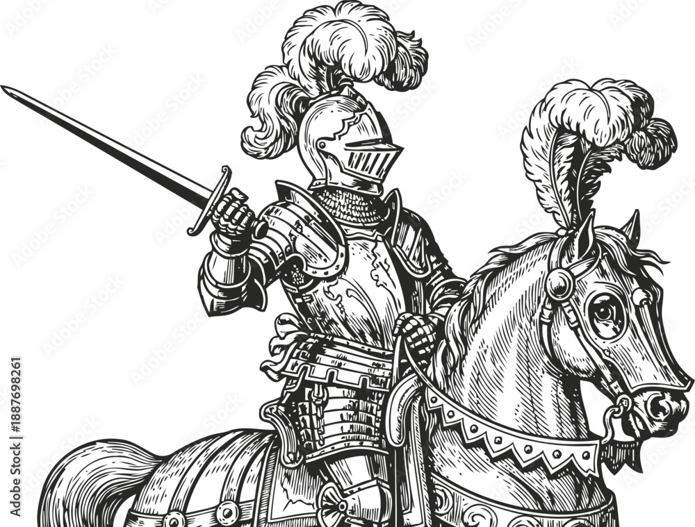 Obraz premium Medieval knight in full armor riding horse with raised sword and decorative plumes