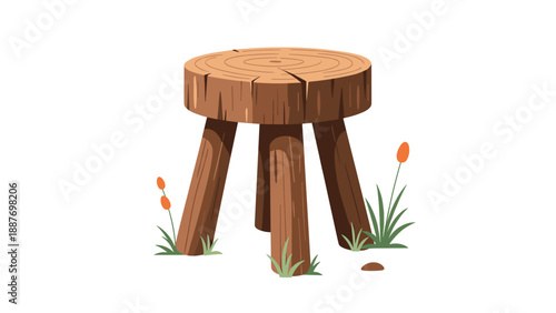 Rustic wooden stool made from a tree trunk standing in a patch of green grass with delicate orange wildflowers.