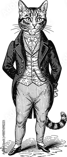 Cat dressed in vintage formal suit standing upright in victorian illustration