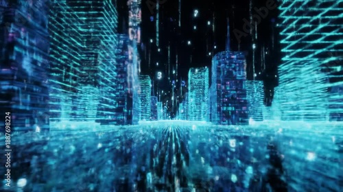 A smooth forward tracking video through an expansive futuristic digital cityscape at night, glowing neon wireframe buildings reflecting on the ground. Immersive high-tech cyberspace concept