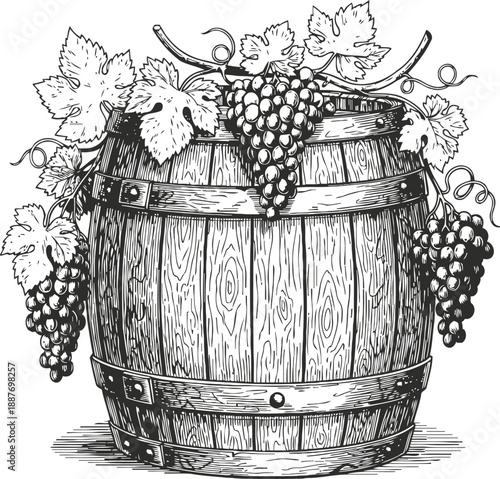 Wooden wine barrel with grape clusters and vine leaves vintage engraving illustration
