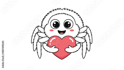 Charming cartoon spider with large expressive eyes holding a bright pink heart for a valentines day celebration.