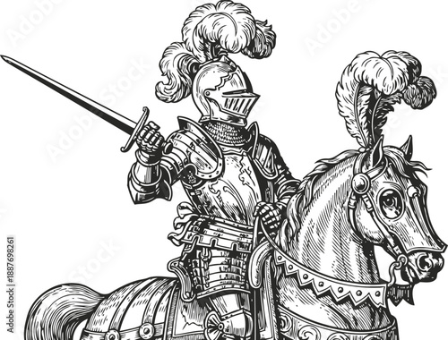 Medieval knight in full armor riding horse with raised sword and decorative plumes