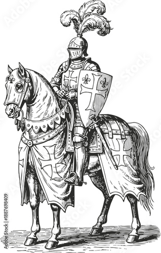 Medieval knight in armor mounted on war horse with shield and decorative plume