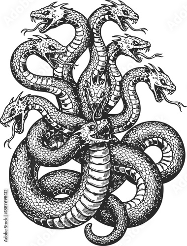 Intricate nine headed serpent hydra coiled with open mouths and forked tongues, mythological creature illustration