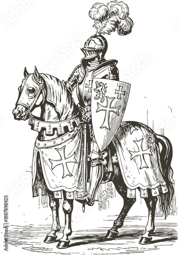 Medieval knight in armor on horse with shield and heraldic decorations, vintage illustration
