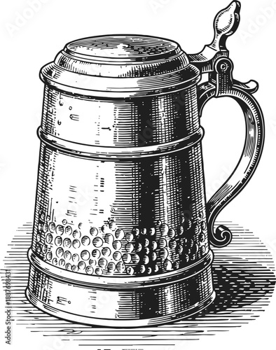 Vintage beer stein with lid, hammered metal tankard illustration in black and white