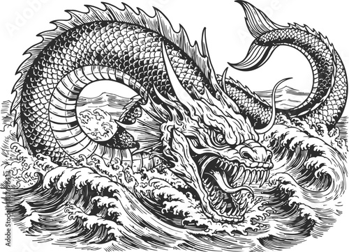 Mythical sea dragon emerging from ocean waves with detailed scales and fierce expression