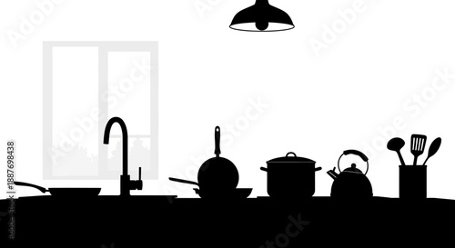 Kitchen Countertop Silhouette with Cooking Utensils and Sink.