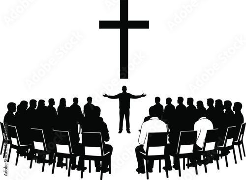 Christian congregation gathering in a circle for prayer, support group meeting with leader under cross symbol, spiritual community worship, religious fellowship vector illustration.