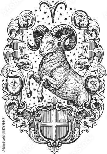Detailed aries ram zodiac symbol with ornate frame, stars, and heraldic shield illustration