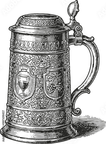 Ornate vintage beer stein with decorative engravings and hinged lid in classic