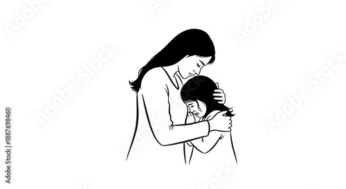 Mother Hugging Sad Daughter Comforting Child.