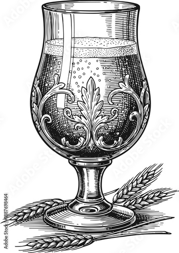 Ornate beer glass filled with frothy beer, barley ears placed beside, vintage engraving