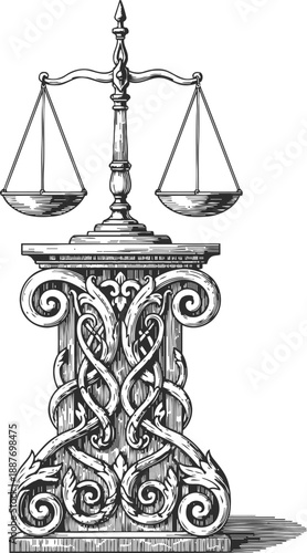 vintage balance scale on ornate carved pedestal symbolizing justice and fairness
