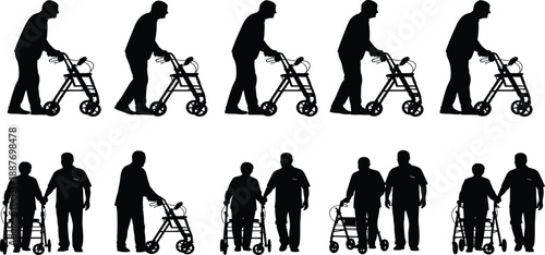 Elderly senior man and woman using walkers for mobility, caregivers assisting old patients in rehabilitation, healthcare for disabled people collection vector illustration, isolated.