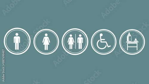 Restroom Icons Including Male Female Accessible Baby Changing And Handicap Symbols.