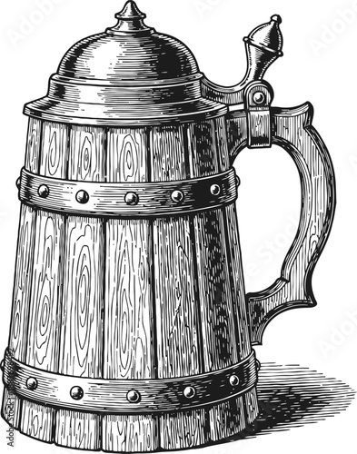 Vintage wooden beer stein with metal bands and hinged lid, traditional tankard illustration
