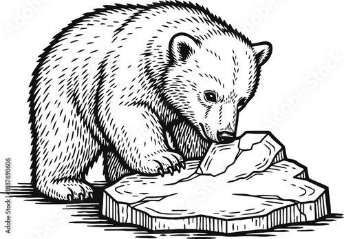 Curious polar bear cub exploring ice floe, arctic wildlife in natural habitat, monochrome illustration