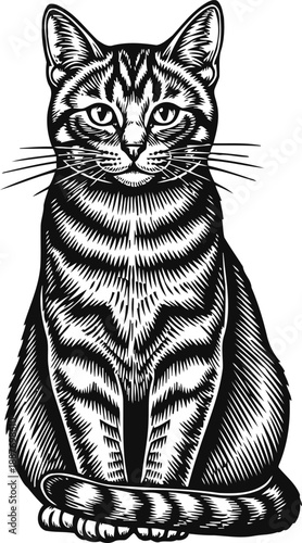 Black and white illustration of a sitting tabby cat with detailed fur stripes and focused gaze