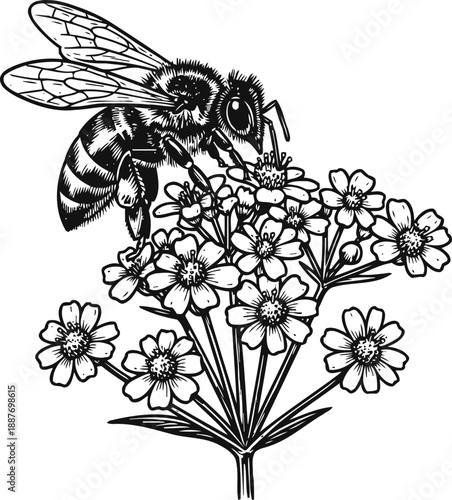 Bee collecting nectar on blooming flowers detailed black and white insect and floral illustration for nature and wildlife themes