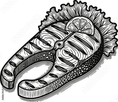 Grilled fish steak with lemon slice on rustic plate, fresh seafood meal illustration