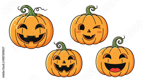 Group of four carved halloween pumpkins with different happy and winking expressions isolated on a plain white background.