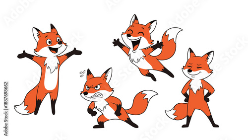Collection of cute fox characters in various poses including jumping standing and showing different emotions in vector art.