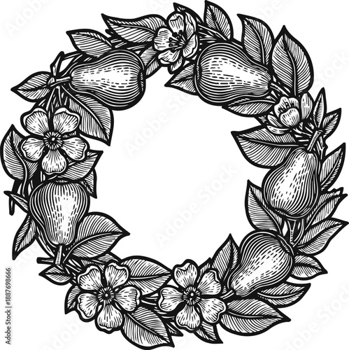 Vintage floral wreath with pears and blooming flowers engraved botanical circle frame